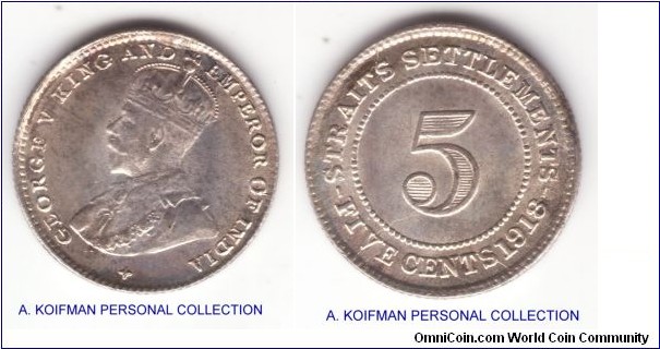 KM-31, 1918 Straits Settlements 5 cents; slver, reeded edge; nice little uncirculated coin, some toning with multiple die breaks