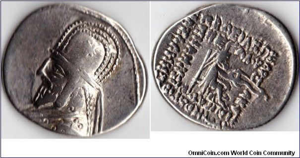 Mithradates III silver drach minted at Rhagae. Selwood attributes this coin (31.6) to Orodes I, but Dr Frahad Assar attributes it to Mithradates III. The latter attriubution is the currently held viewpoint.