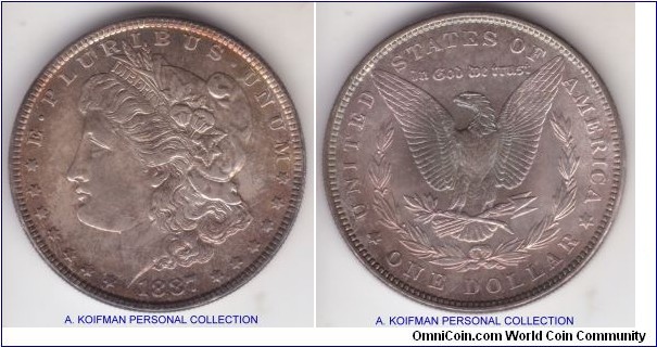 KM-110, 1887 United States Morgan dollar; silver, reeded edge; nice mint state, possible MS-63/64? interesting toning.