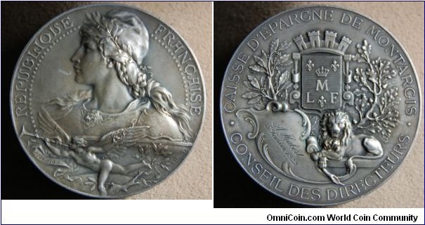 1900 o.j. France Caisse D'Epargne de Montagris Conseil de Directuers Medal texted A. Heabert 1932 by Louis Botte. Silver 68.5 MM/ 159 gm.
