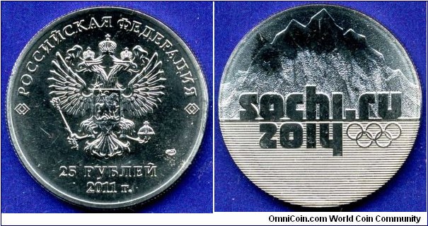 25 Roubles.
*SOCHI 2014*.
Winter Olympics in Sochi in 2014.
*SPMD* - Sankt-Petersburg mint.
Mintage 10,000,000 units.


Plated steel.