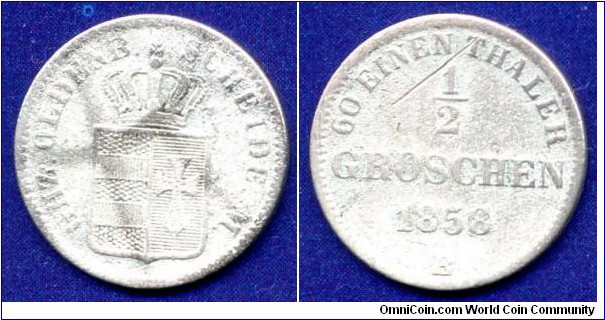 1/2 groschen.
Oldenburg.
Nicolaus Friedrich Peter (1853-1900).
*B* - Hannover mint.
Mintage 1,020,000 units.


Ag220f. 1,02gr.