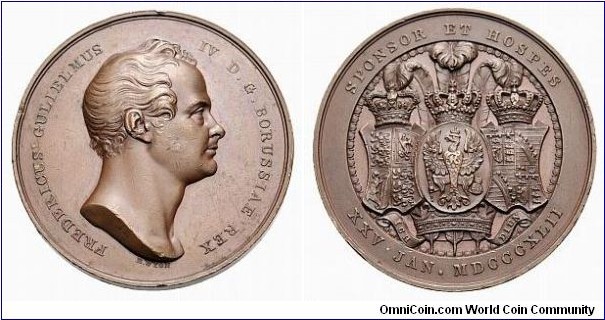 German Brandenburg-Prussia Friedrich Wilhelm IV 1840-1861 Medal by Benjamin Wyon. Bronze 45MM. Obv: On his visit to England. Head to the right. Rev: Three decorative feathers winning the Prussian shield between the crowned shields of Great Britain and the Prince of Wales
