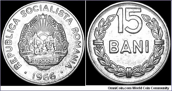 Romania - 15 Bani - 1966 - Weight 2,88 gr - Nickel clad steel - Size 19,5 mm - Thickness 1,4 mm - Alignment Coin (180°) - Engraver Reverse / H.Ionescu - Edge : Smooth - Reference KM# 93 (1966) 