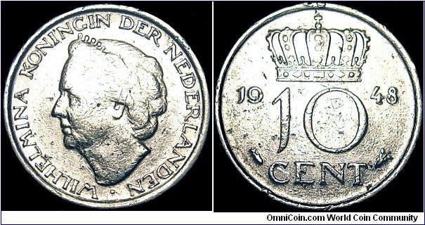 Netherlands - 10 Cent - 1948 - Weight 1,44 gr - Nickel - Size 14,91 mm - Thickness 1,3 mm - Alignment Coin (180°) - Ruler / Wilhelmina (1890-48) - Engraver / L.O. Wencheback - Edge : Reeded - Mintage 69 200 000 - Reference KM# 177 (1948)