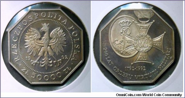 50000 zlotych.
1992, 200th Anniversary of Order Virtuti Militari.