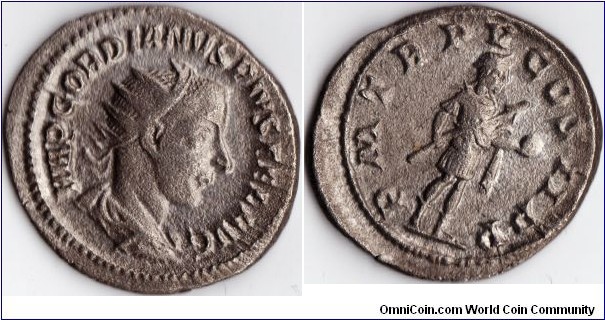 Silver antoninianus of Gordian III. rev PM TRP V COS II PP