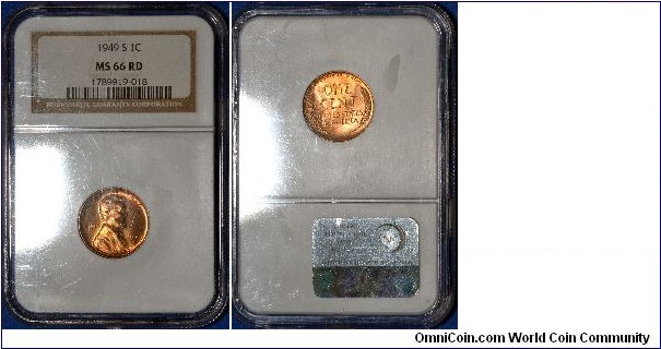 1949 Lincoln Cent - Wheatie back - from the San Francisco Mint. Certified by NGC MS66RD 