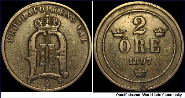 Sweden - 2 Öre - 1897 - Weight 4,0 gr - Bronze - Size 21 mm - Alignment Medal (0°) - Ruler / Oscar II (1872-1907) - Edge : Smooth - Mintage 1 300 000 - Reference KM# 746 (1877-1905)