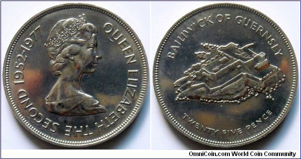 25 pence.
1977, 25th Anniversary of the Enthronement of Elizabeth II (Silver Jubilee)
Cu-ni, Weight; 28,1g. Diameter; 38,61mm. Mintage; 207.000 units.