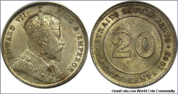 Straits Settlements 20 cents, '3' close to O variety