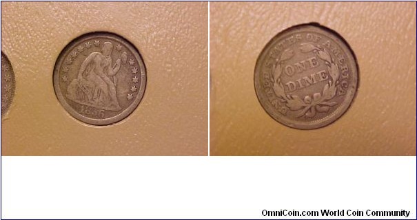 Seated Liberty dime with stars on obverse, this is this 1856 Large Date variety.