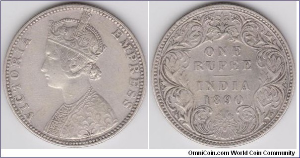 1 Rupee 1890 Victoria Empress British India Silver, RARE