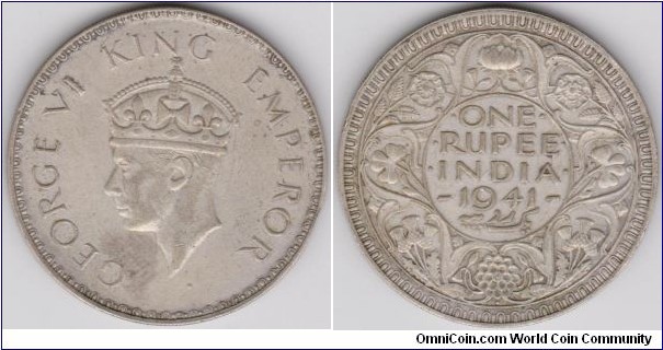 1 Rupee 1941 British India KING GEORGE VI Silver Bombay Mint. RARE