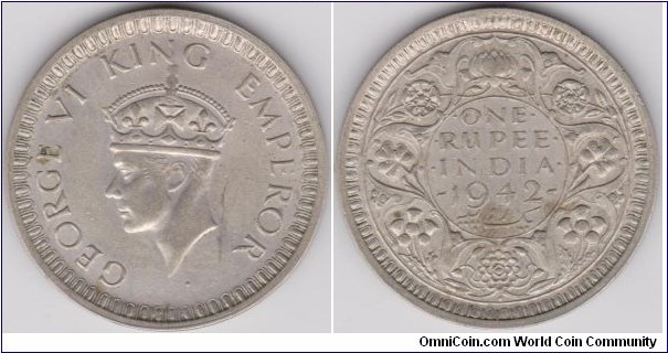 1 Rupee silver 1942 British India KING GEORGE VI, Bombay Mint. RARE
