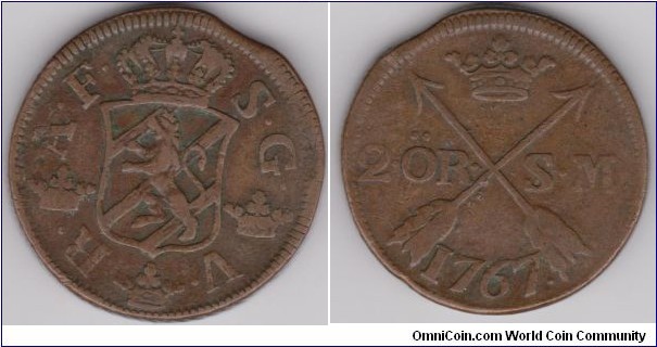 1767 Sweden ADOLF FREDRIK 2 Ore copper