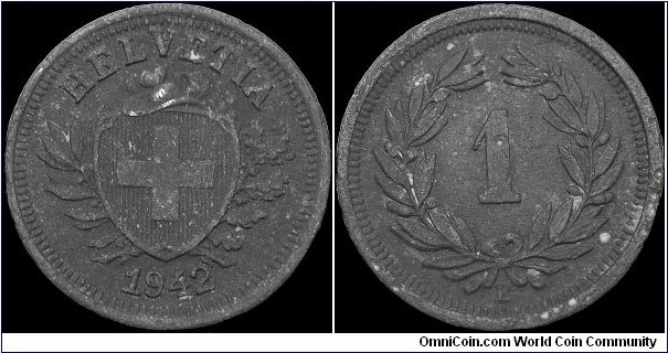 Switzerland - 1 Rappen - 1942 - Weight 1,2 gr - Zinc - Size 16 mm - Alignment Medal (0°) - Engraver / A. Hutter - Edge : Smooth - Mintage 17 969 000 - Reference KM# 3a (1942-46)
