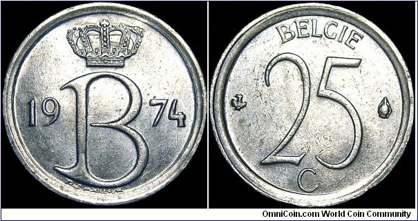 Belgium - 25 Centimes - 1974 - Weight 2,0 gr - Copper/Nickel - Size 16 mm - Thickness 1,28 mm - Alignment Coin (180°) - Note / Legend in Dutch - Edge : Plain - Mintage 20 000 000 - Reference KM# 154.1 (1964-75)