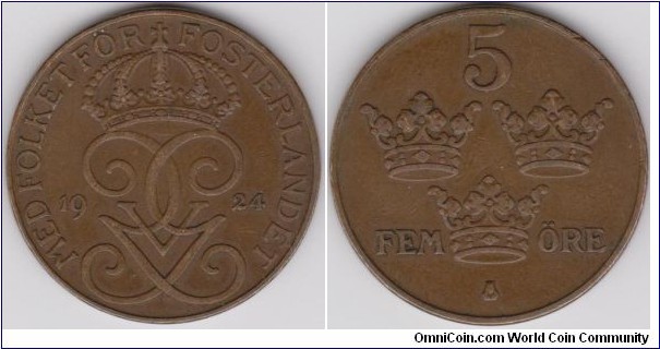 1924 Sweden 5 Öre 
