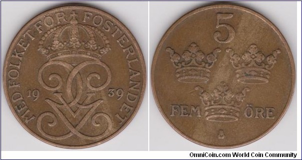 1939 Sweden 5 Öre 