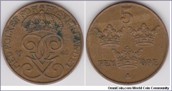 1940 Sweden 5 Öre 