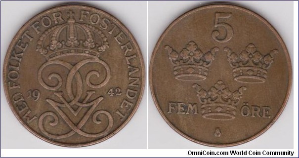 1942 Sweden 5 Öre 