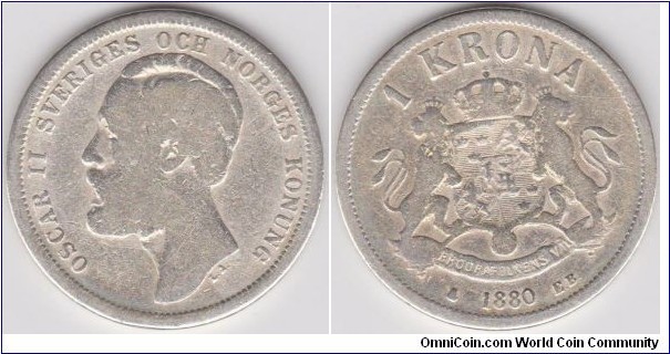 1880 1 Krona Oscar II, King of Sweden and Norway First 1 Krona in Silver