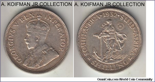 KM-17.3, 1932 South Africa (Dominion) shilling; silver, reeded edge; George V, second type, very fine or about.