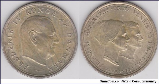 1967 Denmark 10 Kroner Wedding Anniversary of Princess Margrethe & Prince Henrik