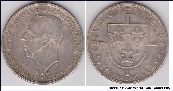 Sweden Gustav V 1935 G 5 Kronor 500th Aniversary of Riksdag