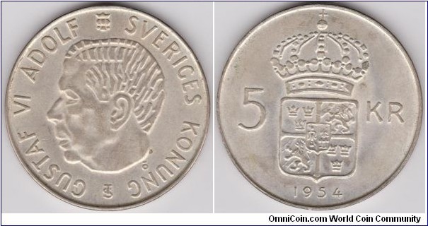 Sweden 1954 Gustaf VI Adolf 5 Krona