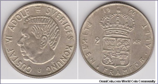 Sweden 1966 Gustaf VI Adolf 2 Kron