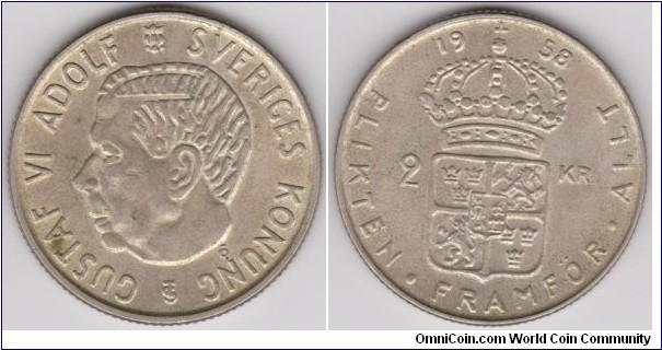 Sweden 1958 Gustaf VI Adolf 2 Krona