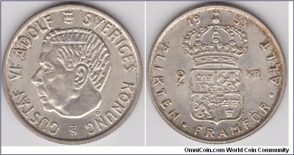 Sweden 1953 Gustaf VI Adolf 2 Krona