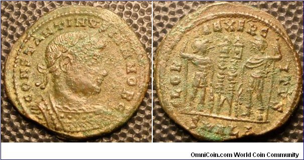 Alexandria Mint,
RIC VII 59 Constantine II AE3. CONSTANTINVS IVN NOB C, laureate cuirassed bust right / GLORIA EXERCITVS, two soldiers holding spears & shields, two standards between them, SMALA in ex.