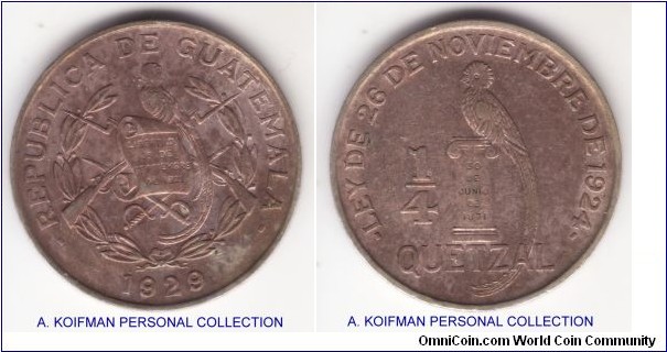 KM-243.1, 1929 Guatemala 1/4 Questzal; silver, lettered edge; good extra fine, nicely, somewhat mottled toned.