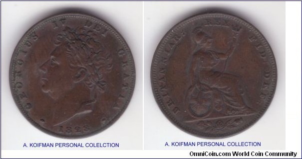 KM-697, 1828 Great Britain farthing, later George IV issue; copper, plain edge; this one look to be good very fine with some dirt but a nice specimen.