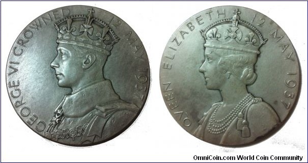 1937 George VI Coronation Medal by Percy Metcaife. Silver 58MM. Obv: Bust of George V, left. Rev: Bust of Queen Elizabeth, left

