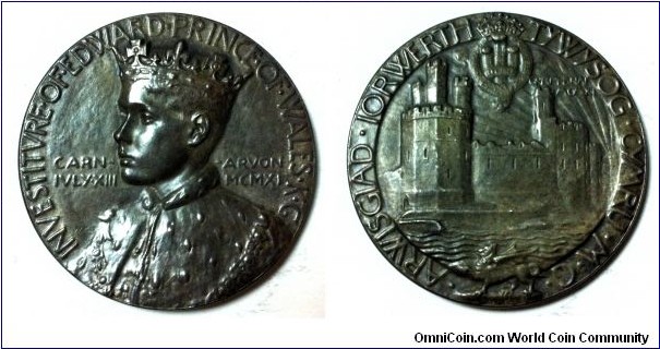 1911 Great Britian Prince Edward (Edward VIII) Investiture Medal by William Goscombe John. Silver 35.5MM
Obv: Crowned bust of Prince Edward facing three-quarters left. Rev: Caernarvon Castle. 
