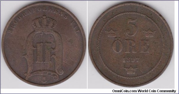 Sweden 1897 Oskar II 5 Öre