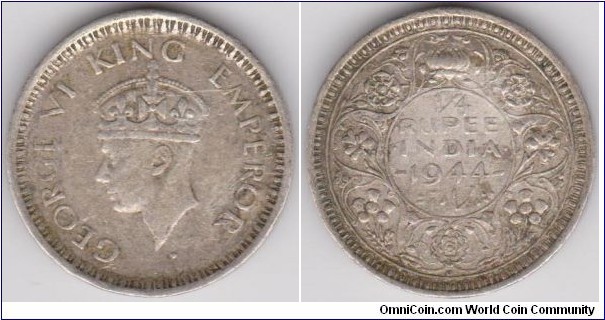 1 Silver Quarter Rupee KING GEORGE VI British India 