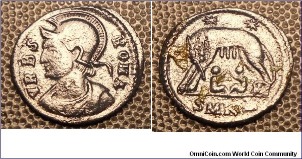 AFTER CLEANING-Constantine I AE3 Commemorative - Wolf and Twins-SMK delta RIC VII 90 Cyzicus Mint, rated R3