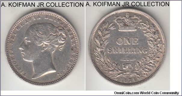 KM-734.2, 1871 Great Britain shilling; silver, reeded edge; Victoria, die number 25, very fine or about, cleaned.