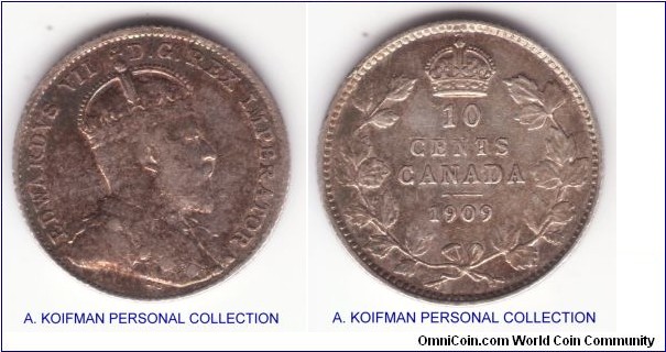 KM-10, 1909 Canada 10 cents, Edward VII; silver, reeded edge; very fine, not sure if this is a broad leaf or Victorian type, maybe someone can tell. 