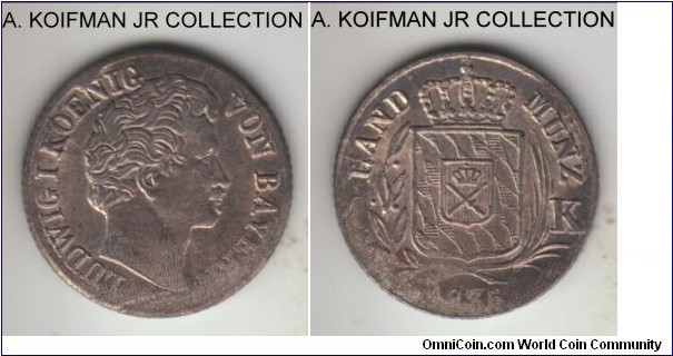 KM-390 (prev. KM-390), 1835 German States Bavaria kreuzer; silver; plain edge; Ludwig I, uncirculated or almost, but mint smudge or poor strike toward the rim.