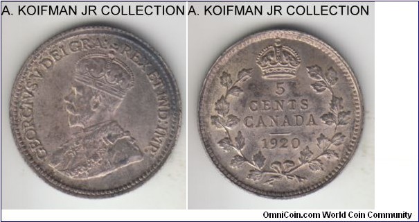 KM-22a, 1920 Canada 5 cents; silver, reeded edge; George V, toned uncirculated, nice.