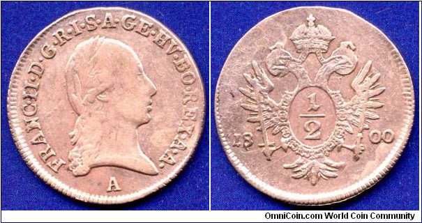 1/2 kreuzer.
Francisc II (1792-1806) Emperor of Holy Roman Empire.
*A* - Wien mint.


Cu.