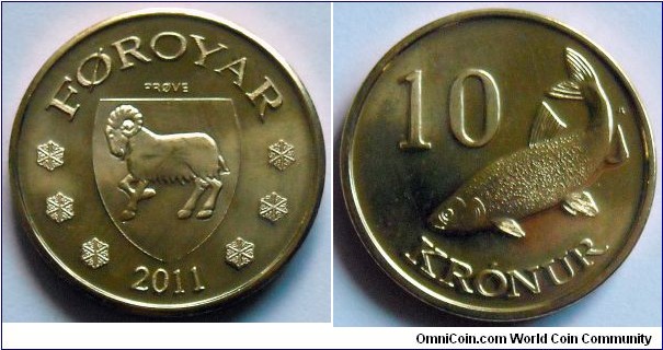 10 kronur.
2011, Faroe Islands.
Twait Shad fish
(unofficial pattern)