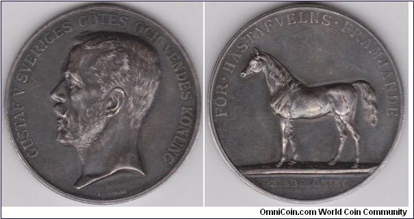 1918 Sweden Gustaf V Silvermedalj Diameter 4.3 cm. För Hästafvelns Främjande 