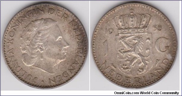 Nederland 1958 Silver coin 1 Gulden